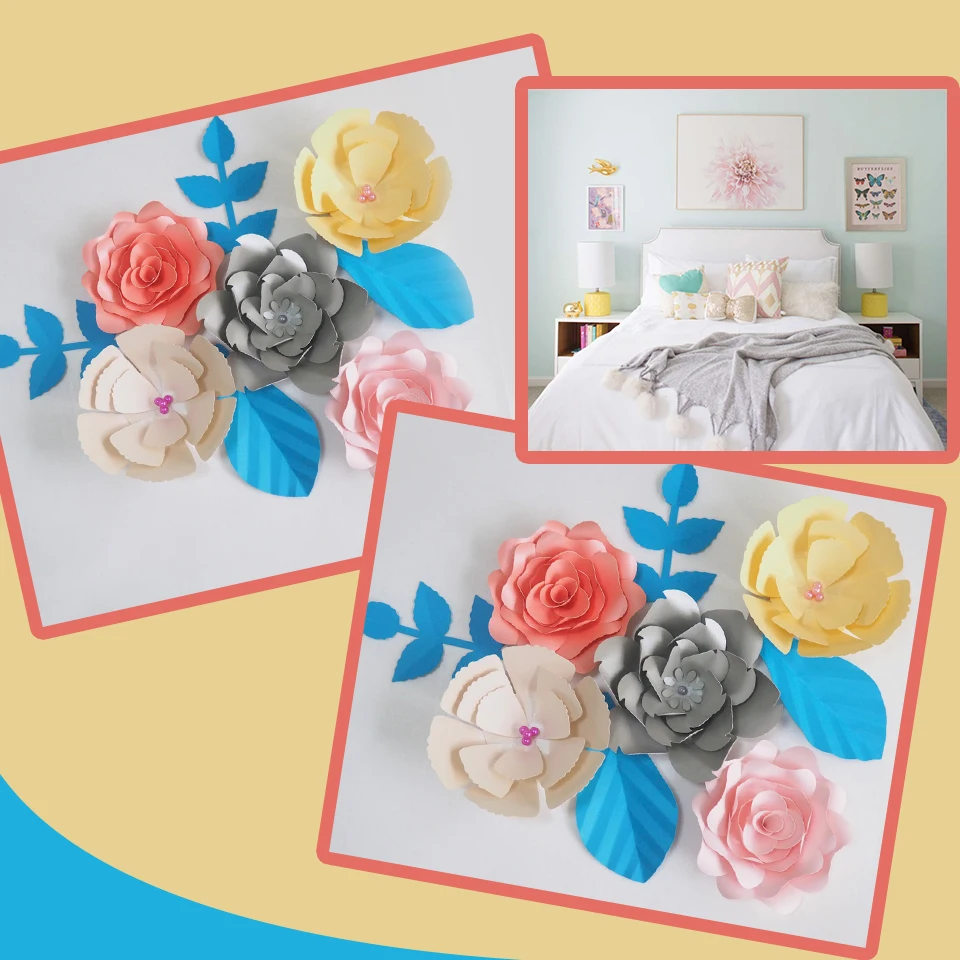 DIY Artificial Flowers Fleurs Artificielles Backdrop Giant Paper Rose 5PCS + 4 Leaves For Bedroom's Nursery Wall Deco Video