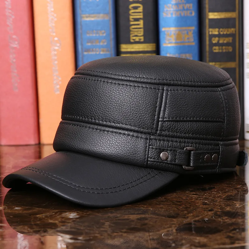 

Men's Winter Warm Earmuffs Cap Man Genuine Leather Hat Adult Flat Winter Warm Cap Male Leisure Peaked Cap Adjustable B-7281