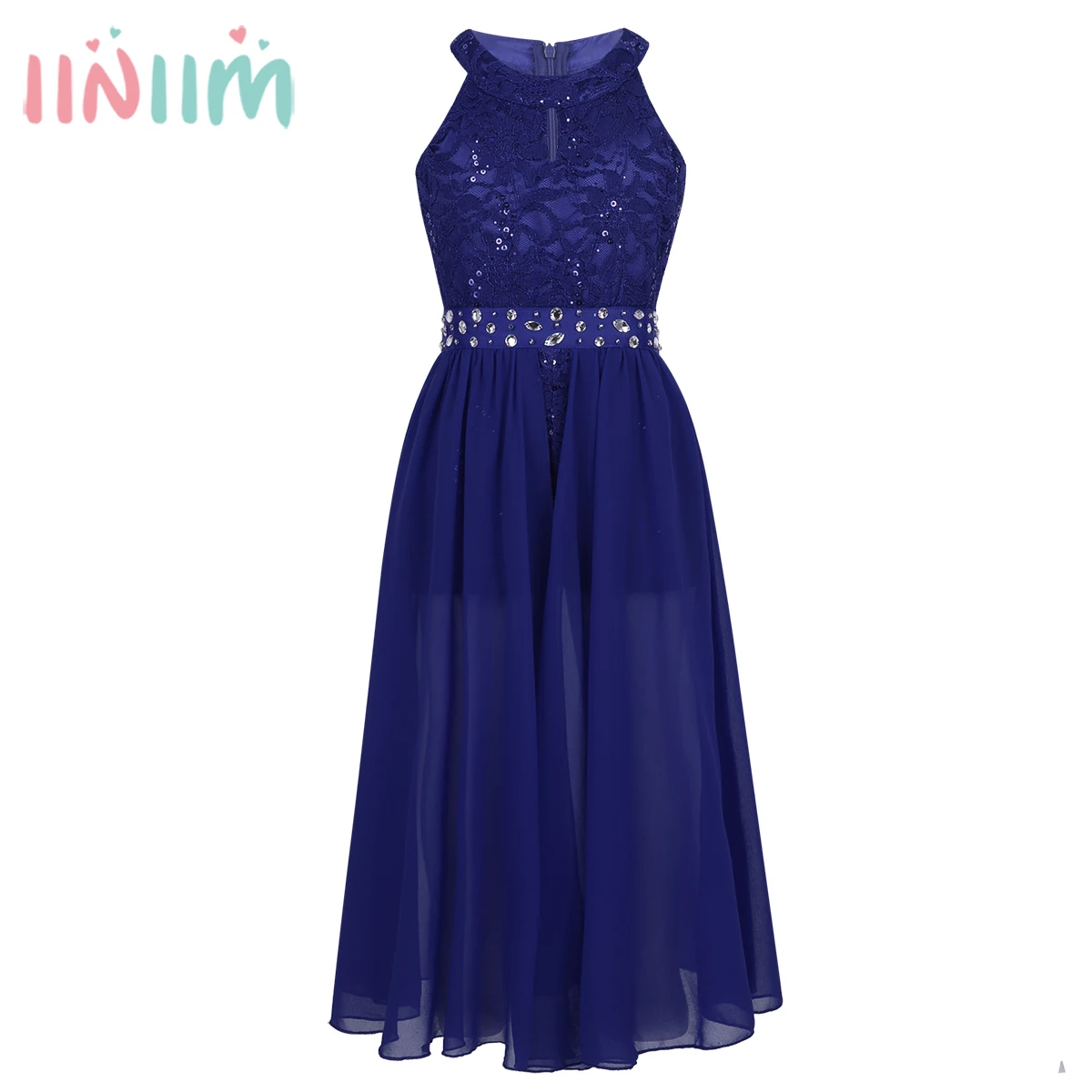 iiniim Elegant Girls Clothing Sleeveless Floral Lace Rhinestone Romper Dress School Dancewear Gymnastics Leotard Dance Dress