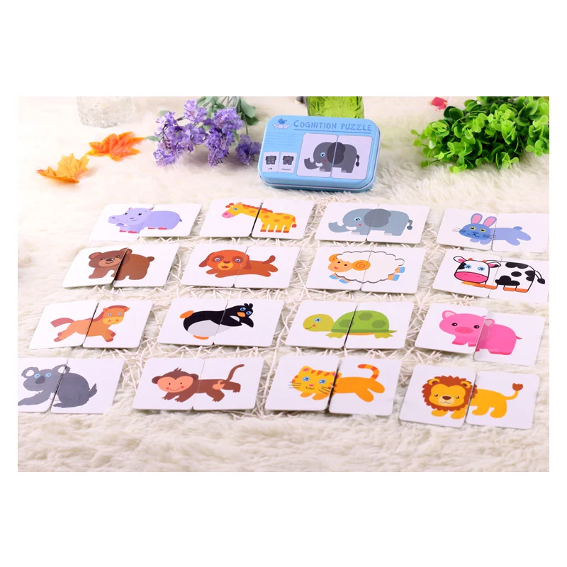 Early Educational Montessori English Fruit Animal Traffic Match Game Puzzle Card Toys for Iron Box Package 3D Puzzle toys