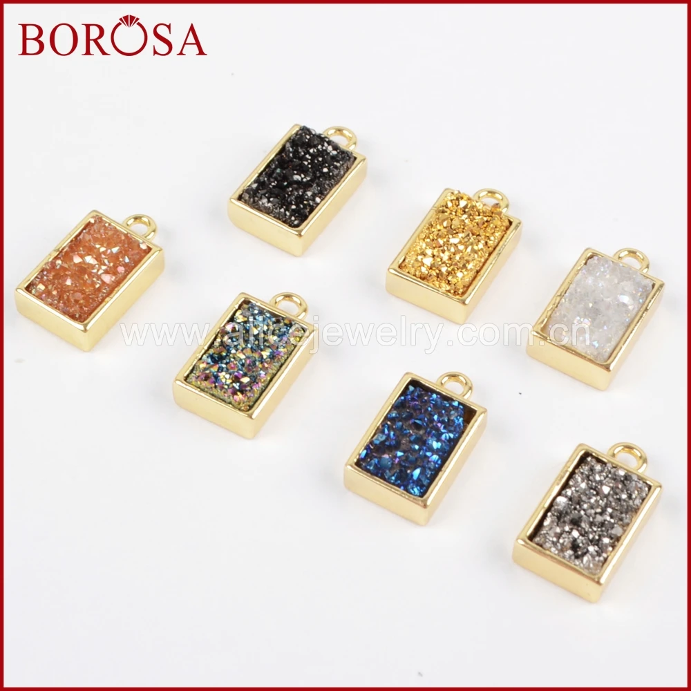 BOROSA 10PCS Gold Color Bezel Rectangle Champagne AB Black Color Titanium Druzy Charm Bead Pendant for Bracelet Jewelry ZG0153