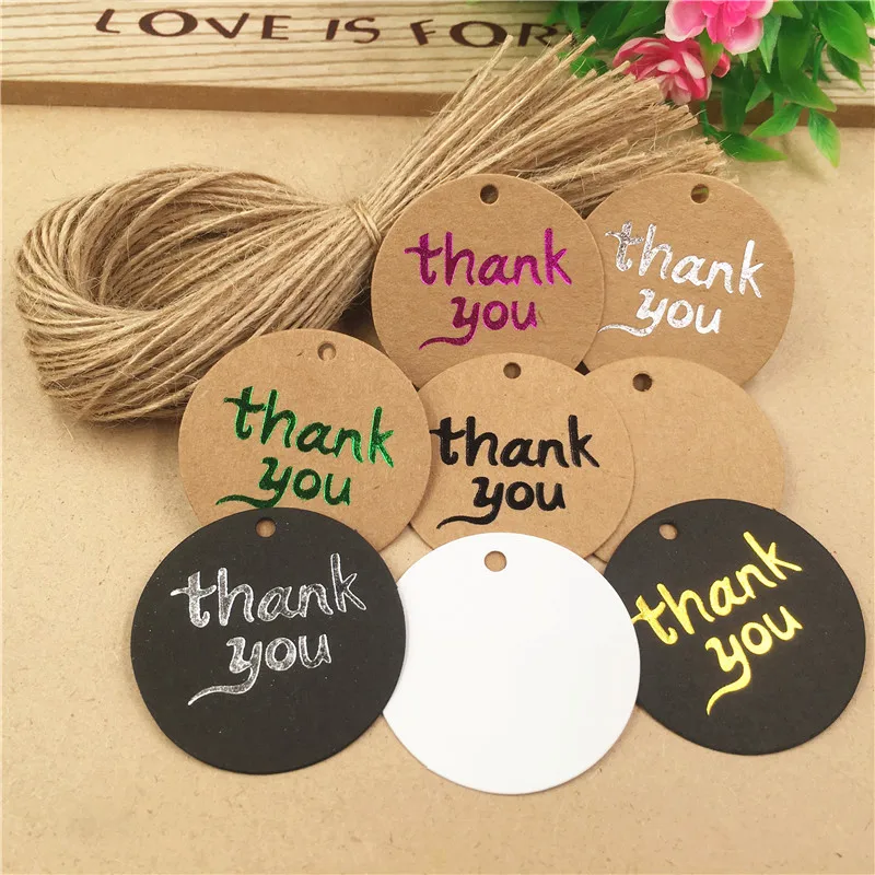 100Pcs/Lot Popular Thank you Series Hot Stamping Round Hang Tags Kraft Multiple Colors Festive Christmas color+100 Hemp Ropes