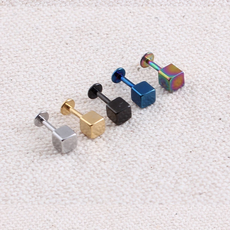 Alisouy 1pc Black Blue Gold Color Stainless Steel Square Cube Labret Lip Rings Nails Ear Stud Earrings Body Piercing Jewelry