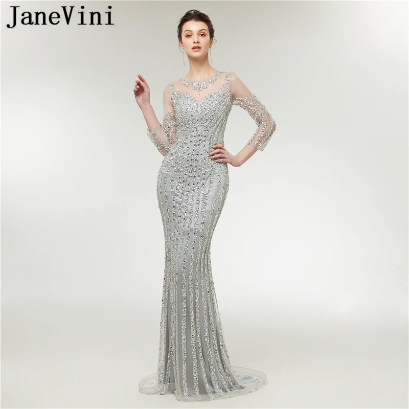 

JaneVini Shiny Sequined Long Silver Prom Dress 2019 O-Neck Luxury Heavy Beaded Illusion Arabic Mermaid Prom Dresses Vestido Gala