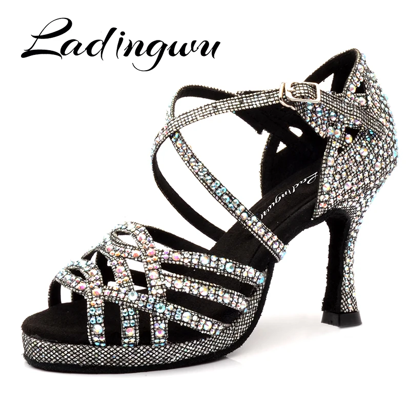 Ladingwu-zapatos de baile latino para niña, calzado de plataforma de Tango, zapatos de salón de baile, tacones altos con diamantes de imitación, purpurina, Salsa, Jazz