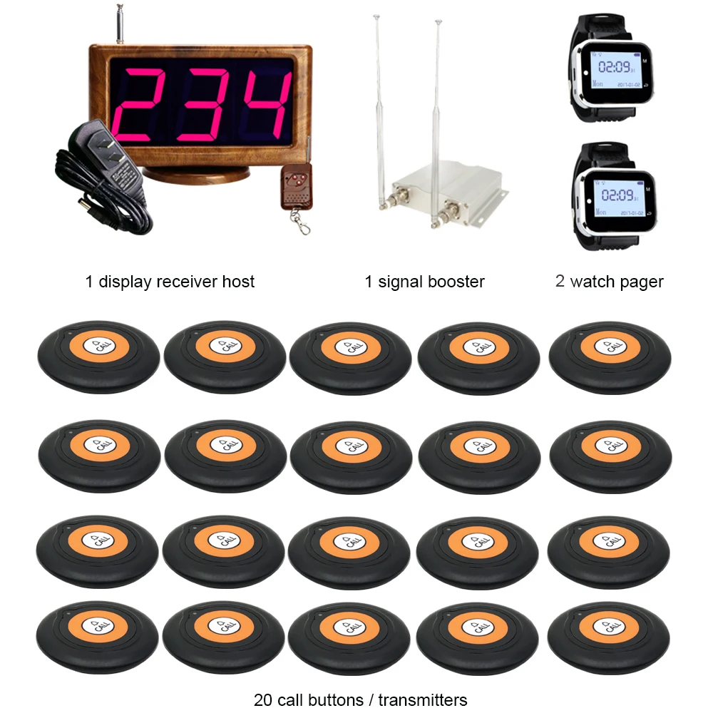 Wireless Waiter Calling System 20 Table Call Button 1Display Monitor 2 Waiter Watch Pager 1 Signal Booster For Restaurant, Hotel