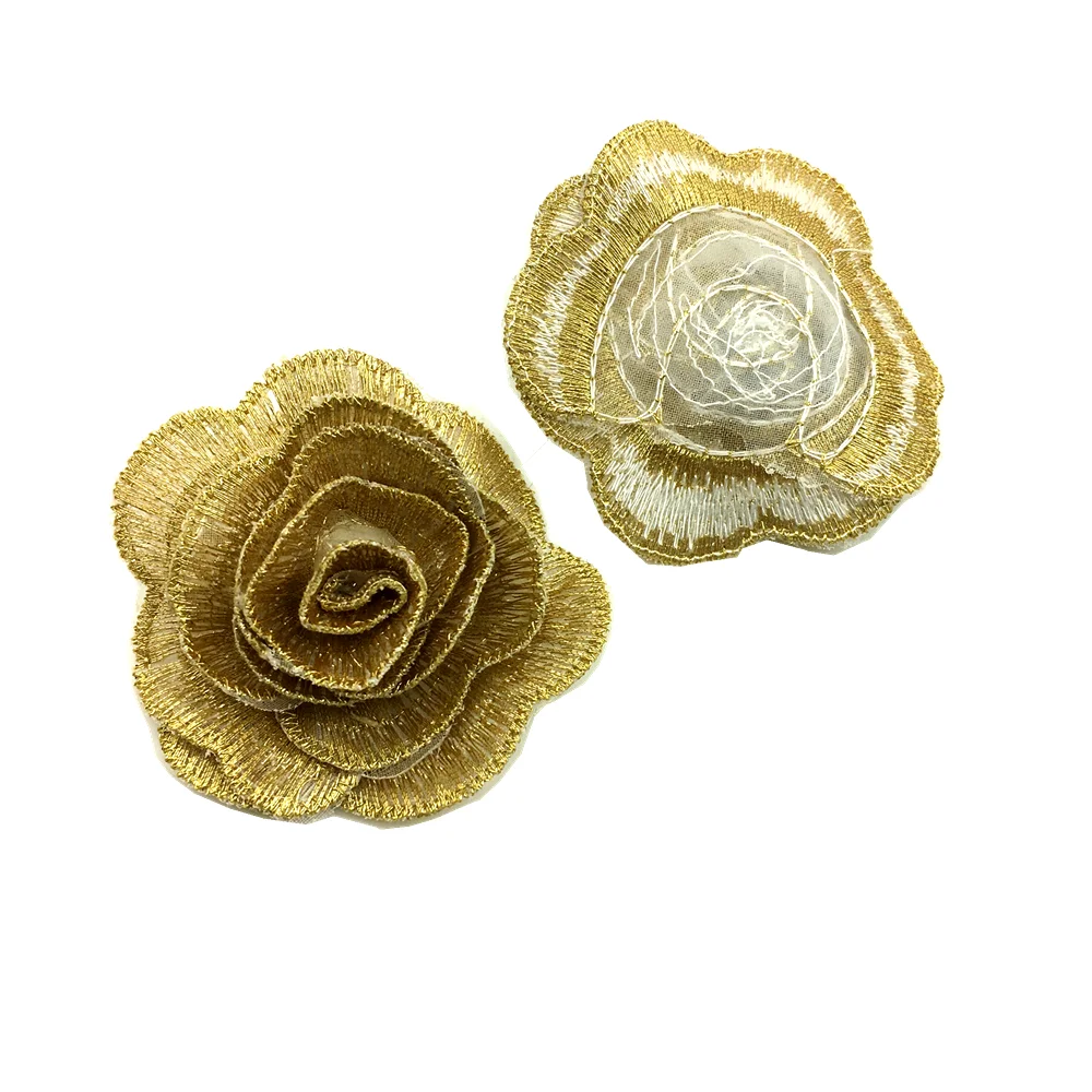 10pc 3D Rose Embroidery Patch Flower Applique Sew On Gold Patches For Clothing Parches Ropa Sewing Accessories AC1424