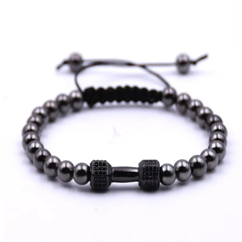 New Black Hematite Beads Stone Bracelet Fitness Fit Life Prayer Dumbbell Bracelets For Men Macrame Barbell Jewelry