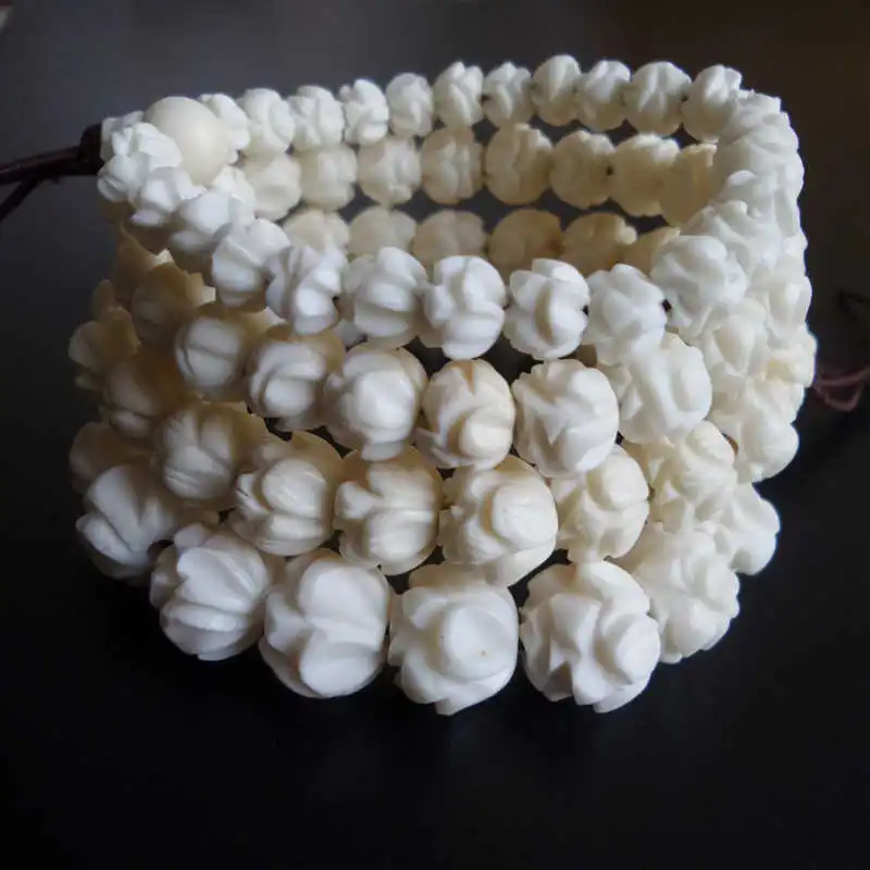 BB-224 Tibet White Yak Bone Hand Carved Padma Lotus Beaded Bracelet Stretch 8/10/12/14mm