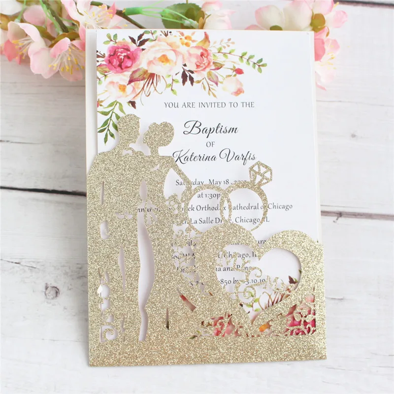 

Gold wedding invitations engagement greeting card couple laser cutting personalized printing 50pcs/lot