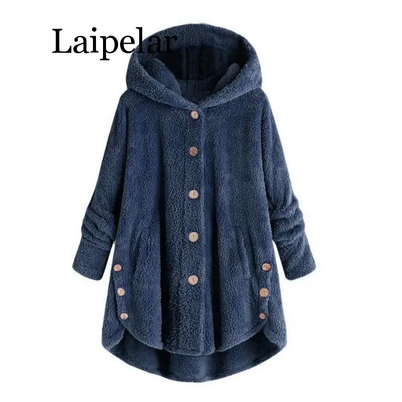 Laipelar New Thin Wool Blend Fashion Women Button Coat Fluffy Turn-down Collar Outwear Jacket Casual Tops Hooded Pullover Loose