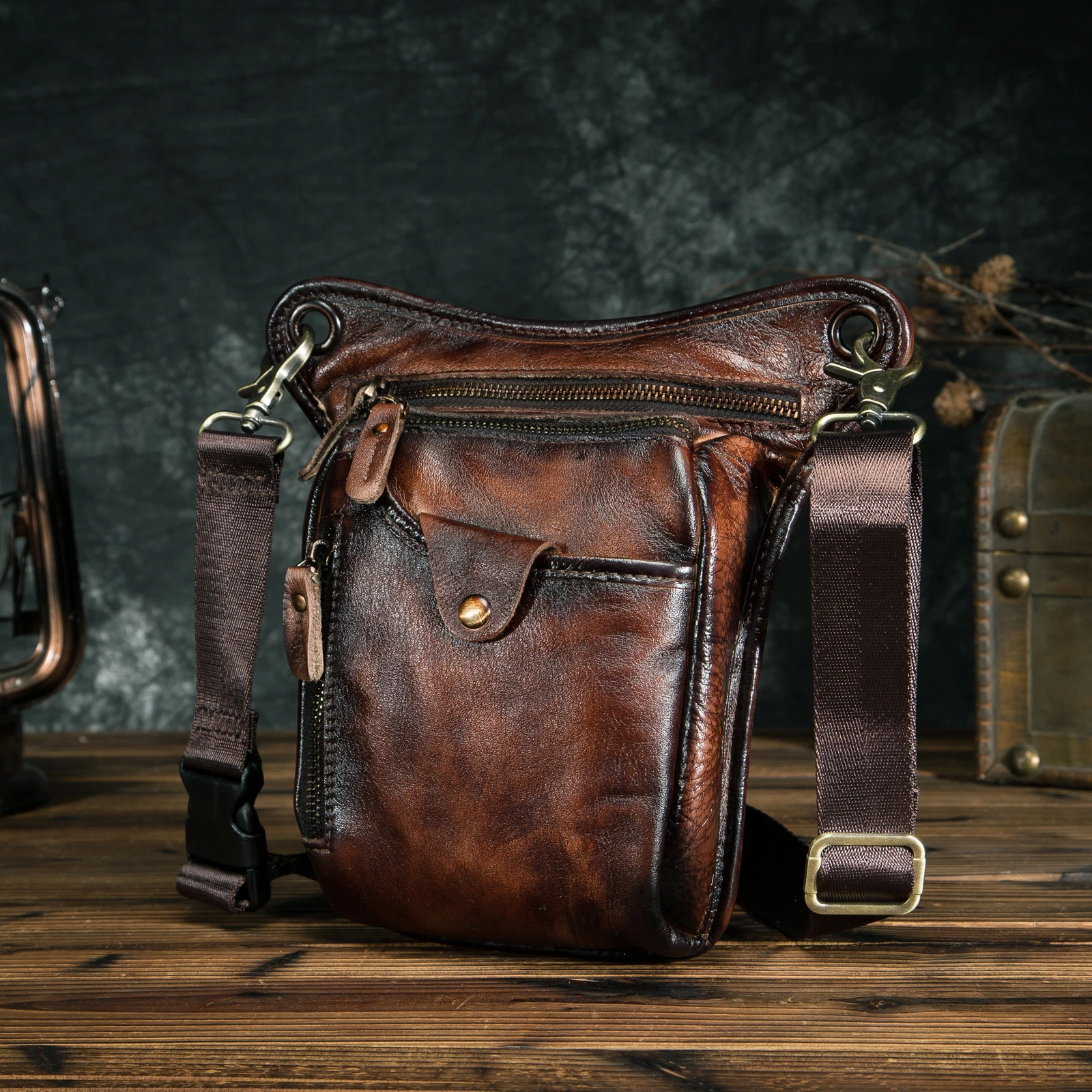 Thick Crazy Horse Leather Men Design Casual Coffee Classic Shoulder Sling Bag Fashion Travel Fanny Waist Belt Pack Leg Bag 211-5