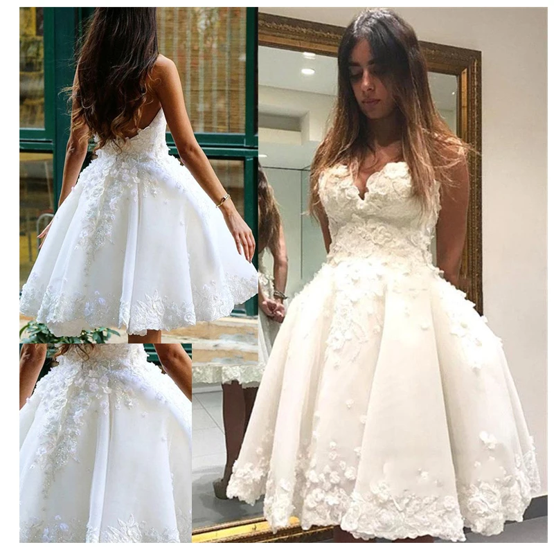 Abito da sposa casual corto 2019 abiti da sposa bianchi corti vestido de noiva vendita calda abiti da sposa con fiori 3D abiti da ballo