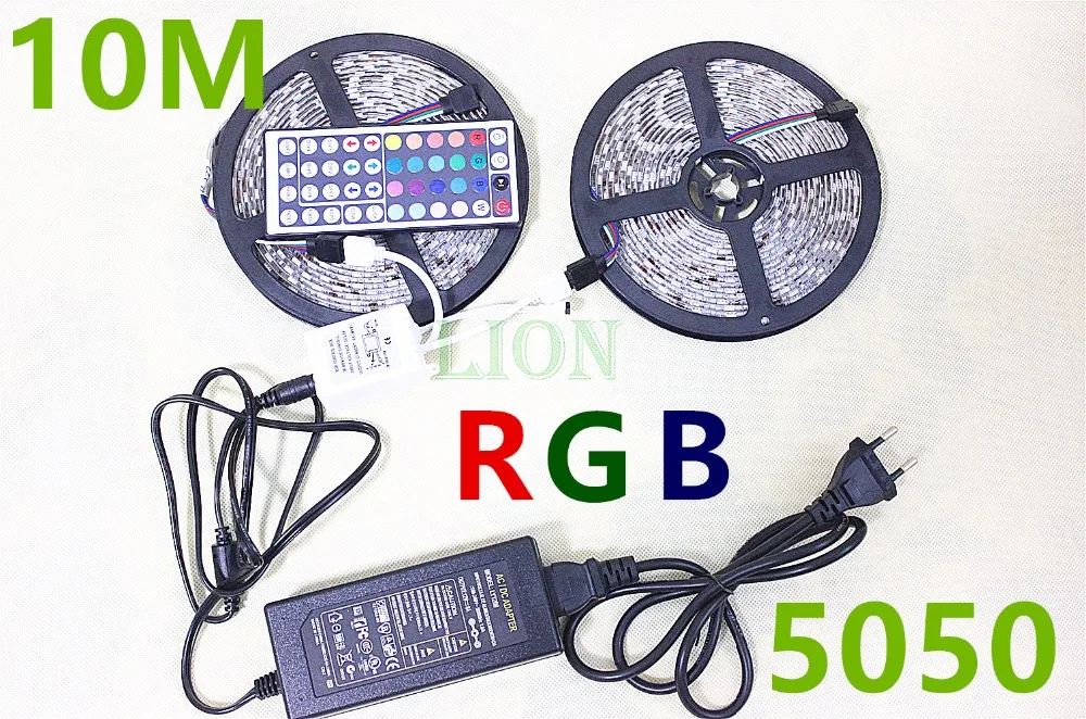 

10M RGB Led Strip 5050 Waterproof IP20/65 60LED/M DC12V LED Strip Light 300 LEDs+44 Keys Remote Controller+12V 8A Power Adapter