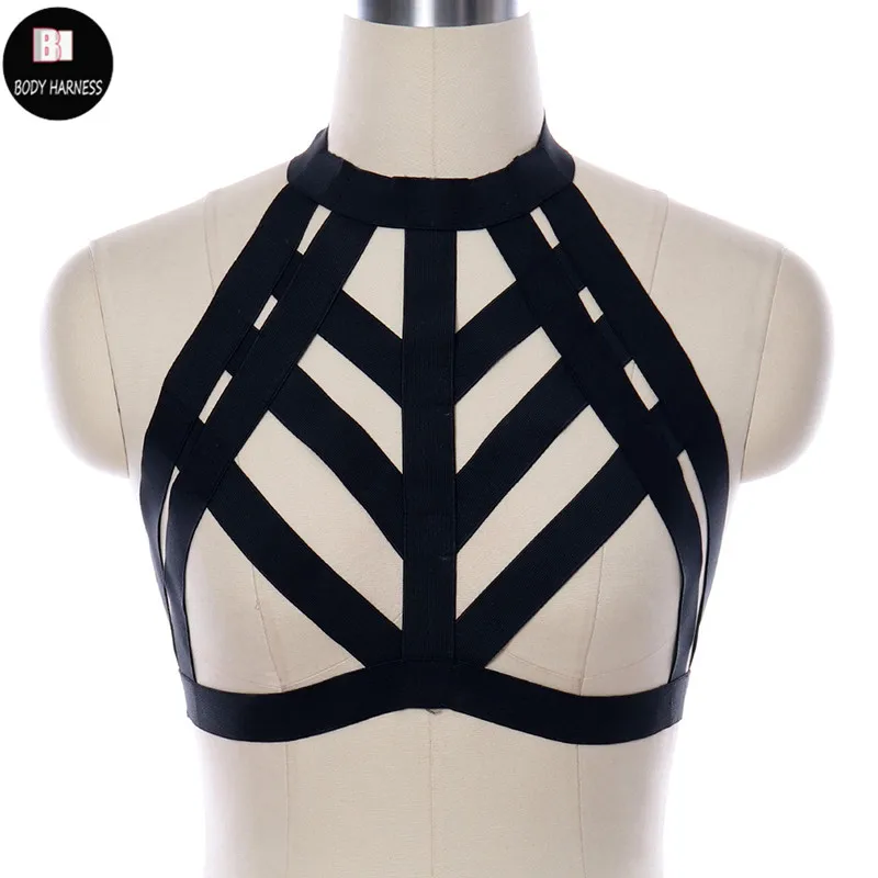 

Sexy Women Black Harness Cage Bra 90's Elastic Body Harness Crop Top Goth Rave Pole Dance Adjustable Body Stocking Bustier