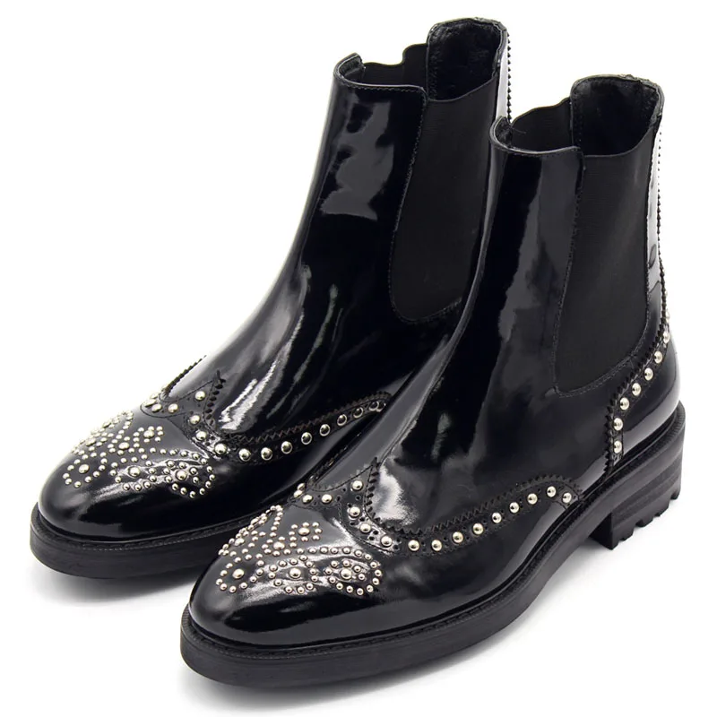 Winter Mens Punk Rivet Slip On Chelsea Boots Brogue Handmade Beading Med Heels Ankle Boots Luxury Cow Real Leather Biker Shoes