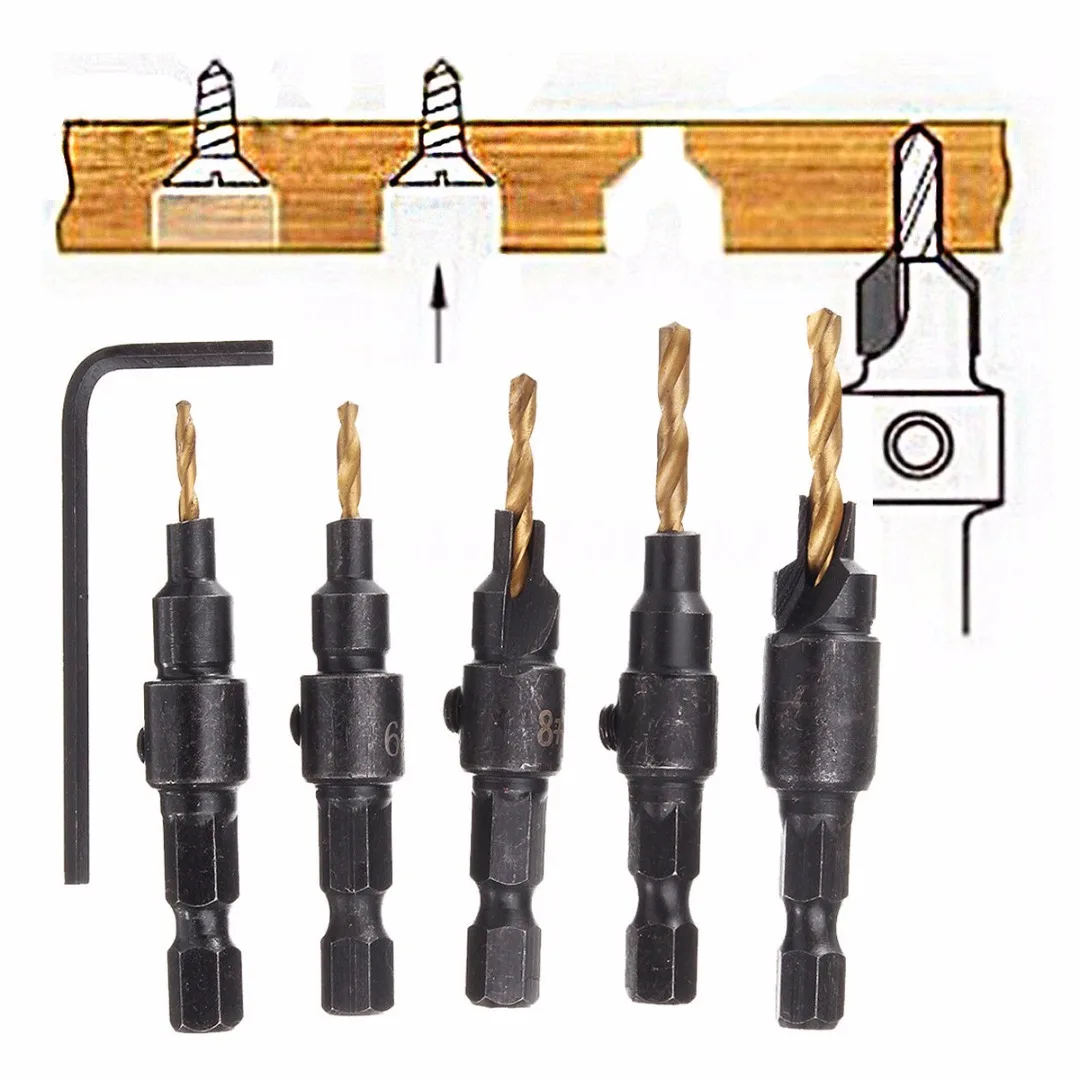 5pcs/set 5~12mm HSS Woodworking Countersink Chamfer Drill Bit Screw Set & Wrench