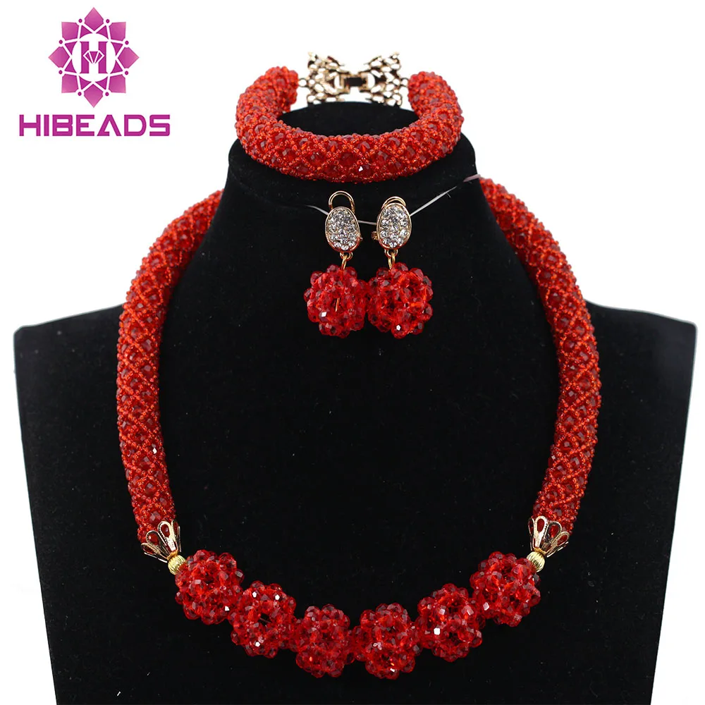 Magnificent African Wedding Bridal Red Crystal New Design Nigerian Women Beads Necklace Jewelry Set Free Shipping ABH307