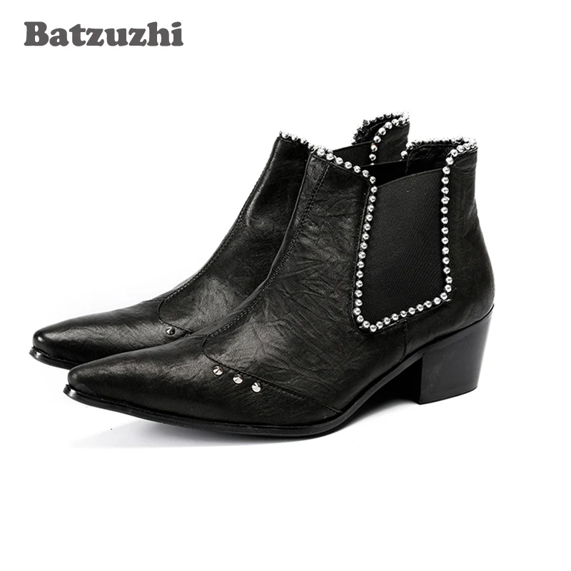 

Batzuzhi 6.5cm Heel Boots Men Pointed Toe Black Leather Ankle Boots with Crystals Men's Party Dress Shoes Botas Hombre,US12 EU46