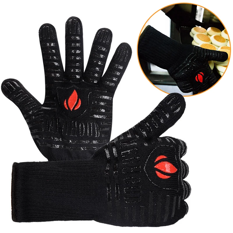 

1 Pair Refractory Gloves Barbecue Gloves 500 du Heat Resistance BBQ Oven Cooking Black