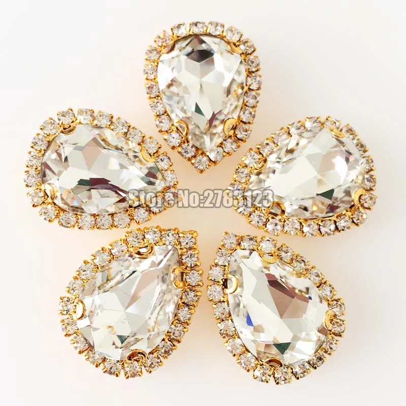 DIY clothing Gold bottom tear drop faltback Crystal button,white AAA+ Glass Crystal sew on rhinestones with claw Free shipping