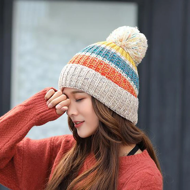 New Winter Hat For Women Ski Women\'s Cap Rainbow Colorful Wool Knitted Hat With Pompoms Female Warm Hat Skullies Beanies