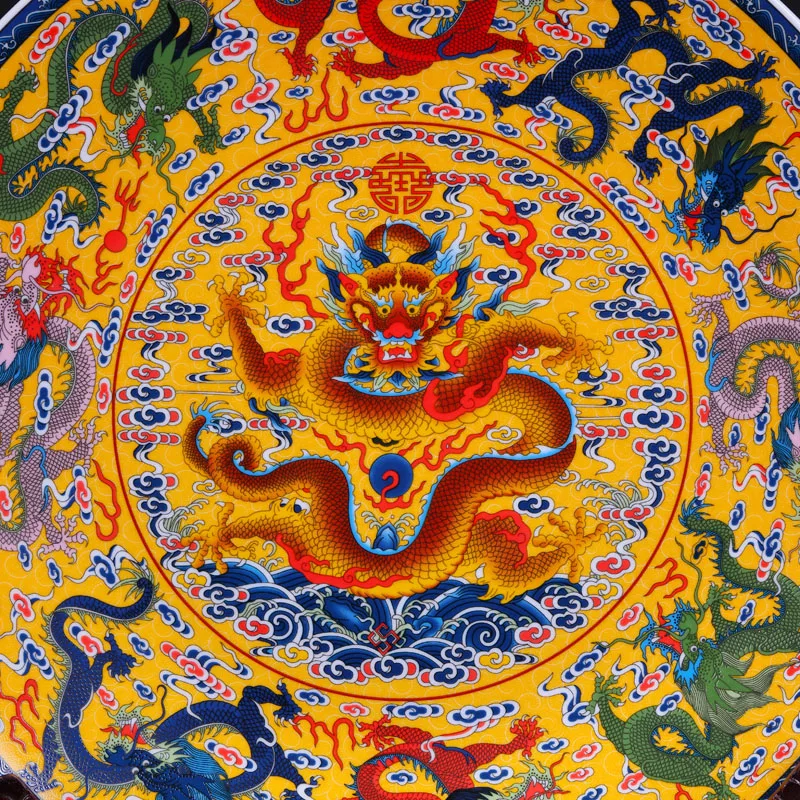 Fengshui Art Ceramic Ornamental Plate Ancient China Nine Dragons Decoration Wood Base Porcelain Traditional Chinese Plate Set - Image 4
