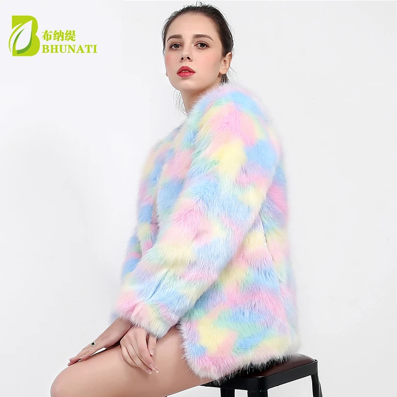 Chaqueta de piel sintética para mujer, abrigo colorido y elegante, Multicolor, manga larga, sin cuello, informal, Invierno