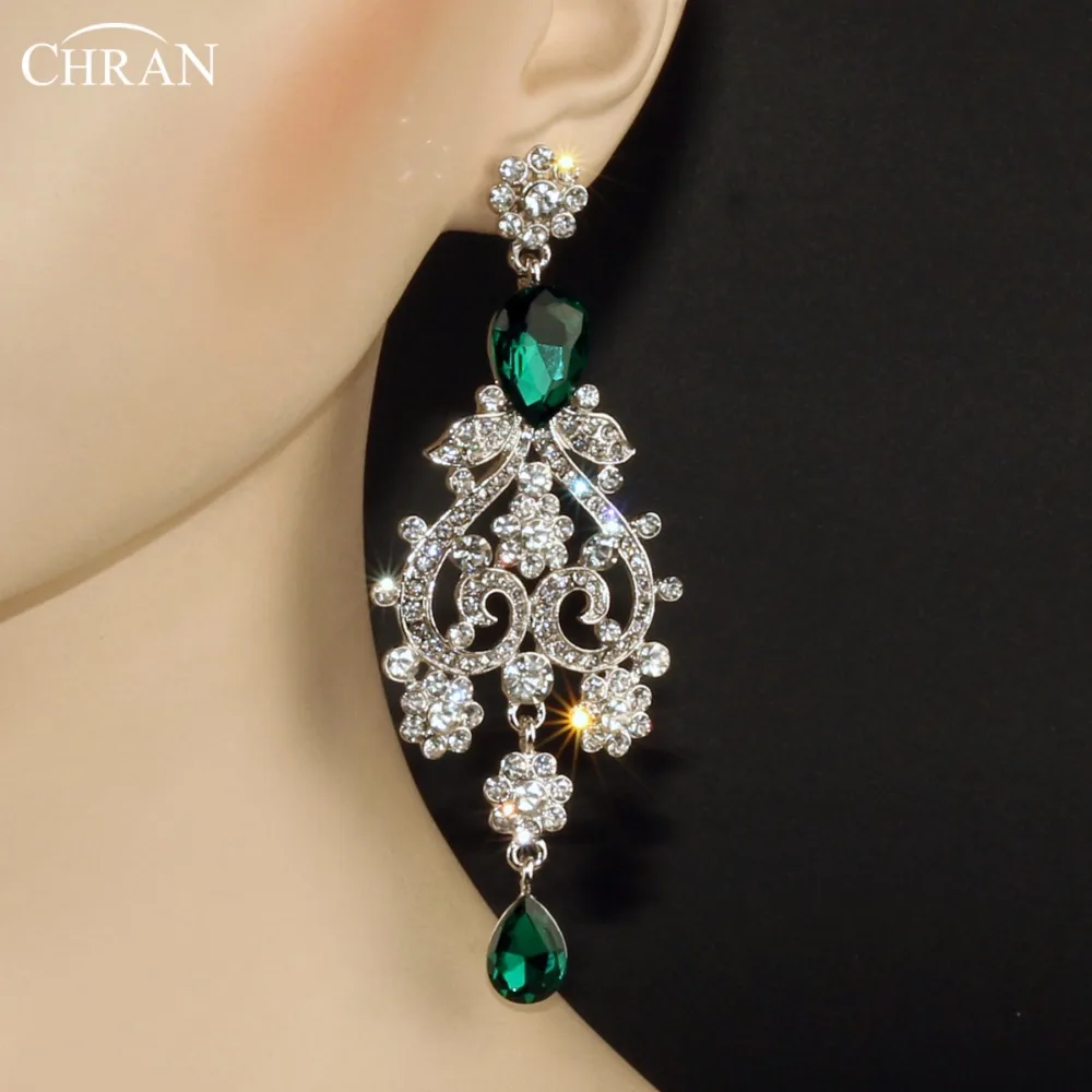 CHRAN Wholesale Alloy Silver Plated Fashion Brand Exaggerated Lovely Bridal Jewelry  Green Crystal Rhinestone Dangle Long Earri