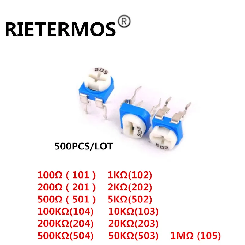 500pcs  RM065 RM-065 100 200 500 1K 2K 5K 10K 20K 50K 100K 200K 500K 1M ohm Trimpot Trimmer Potentiometer