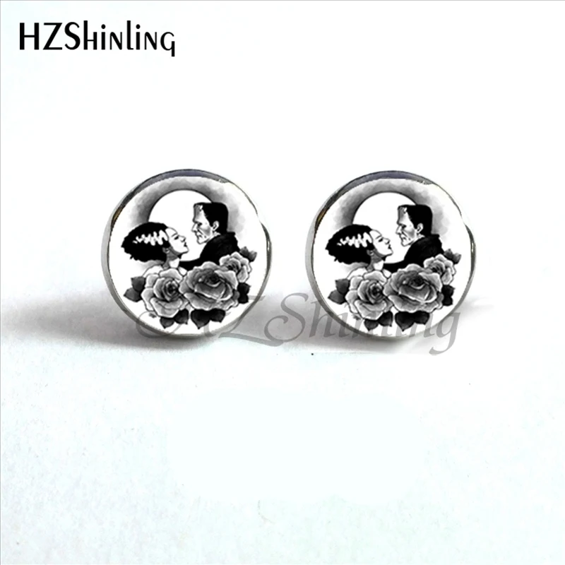 ED-0019 Traditional Frankenstein and His Bride Stud Earrings Handmade Glass Dome Bride of Frankenstein Earring HZ4