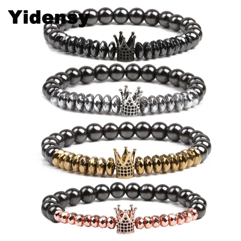 Yidensy – Bracelet couronne CZ en hématite pour hommes, perles en pierre naturelle, breloque magnétique de thérapie, Sport, Fitness, bijoux