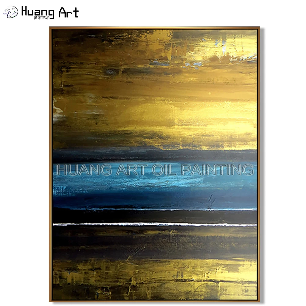 New Hand-painted High Quality Blue Yellow Gold Abstract Landscape Oil Painting on Canvas Modern Seascape Wall Decor Oil Painting