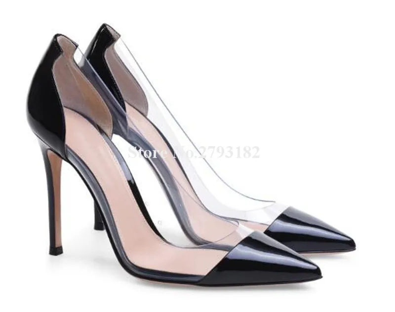 Women Classical Style Pointed Toe PVC Patent Leather Thin Heel Pumps Patchwork Transparent Nude Red 10cm High Heels Club Shoes