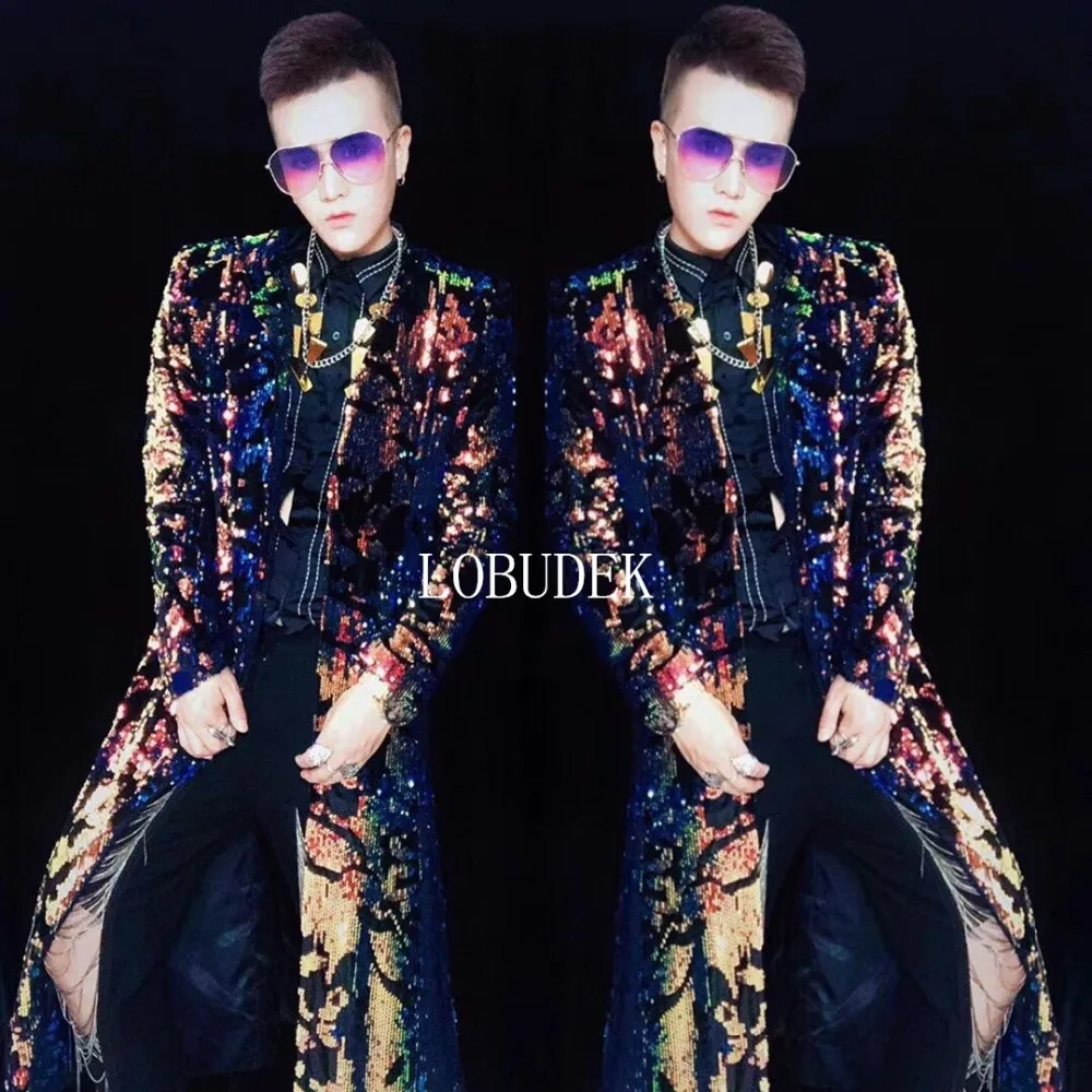 Colorful Sequins Long Coat Men Nightclub Bar Concert Overcoat Cloak Outerwear Male Singer Party Performance Stage Costume