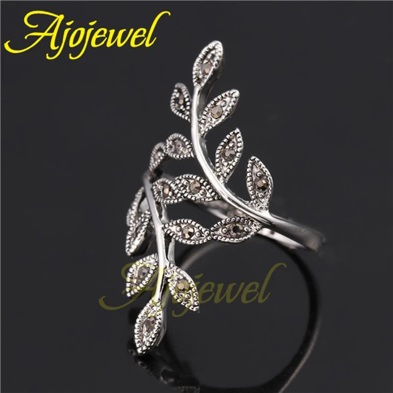 Ajojewel Women\'s Black Rhinestone Antique Leaf Ring Size 6-10 Hot Selling Vintage Female Jewelry Wholesale