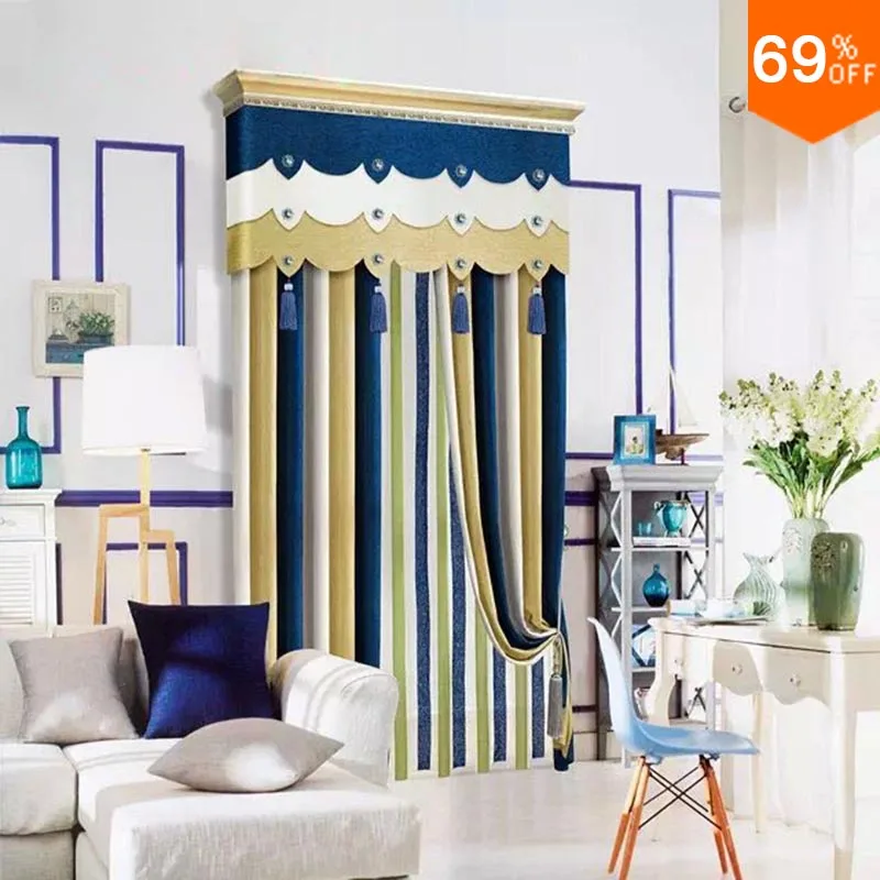 Yellow line linellae Royal Blue list row Column Curtain simple luxurious Rod Stick style Living Room curtains of Restaurant New