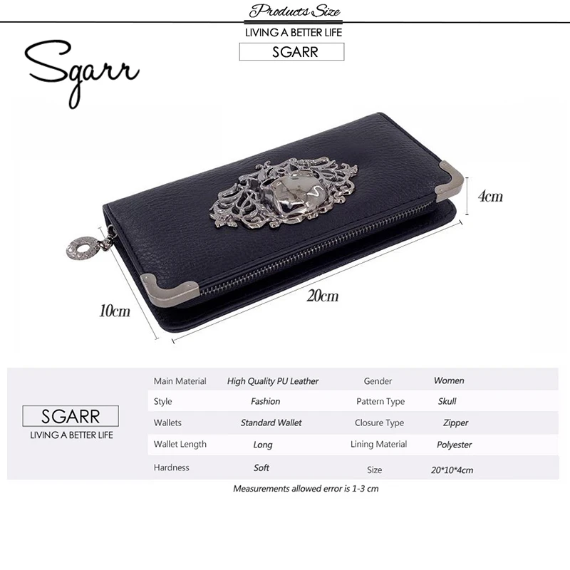 SGARR Women Wallets Fashion Designer PU Leather Punk Wallets Female Long Skull Ladies Clutch bag Famous Brand Famale Purse