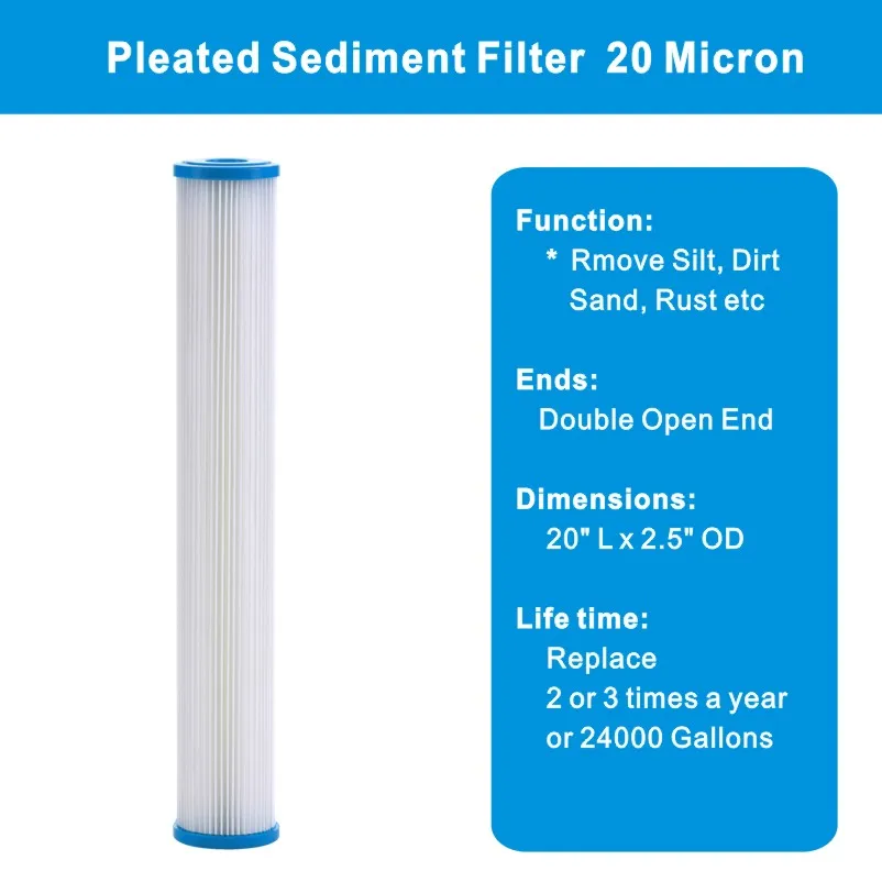 Filtro acqua per sedimenti in poliestere pieghettato da 20 Micron cartuccia di ricambio da 20 "x 2.5" pre-filtro universale per tutta la casa-confezione da 3