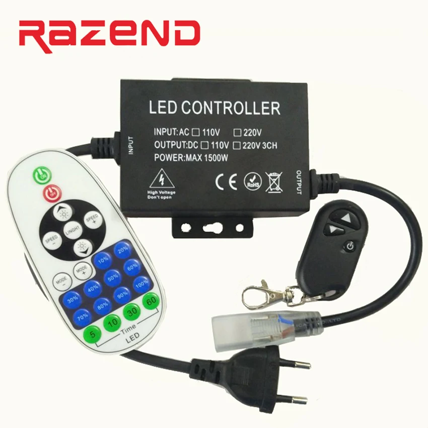 

1500W 110V 220V dimmer controller with 3key/23key RF Remote EU/US plug for 100m single color LED strip Light