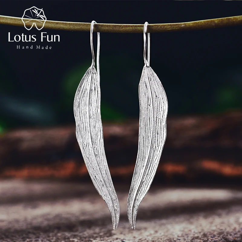 

Lotus Fun Real 925 Sterling Silver Natural Original Handmade Fine Jewelry Long Leaves Fashion Dangle Earrings for Women Brincos