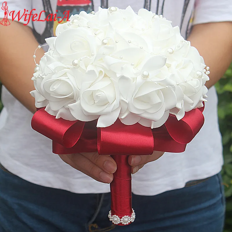 Cheap PE Rose Bridesmaid Wedding Foam Flowers Rose Bridal Bouquet Ribbon Fake Wedding Bouquet de noiva Customized