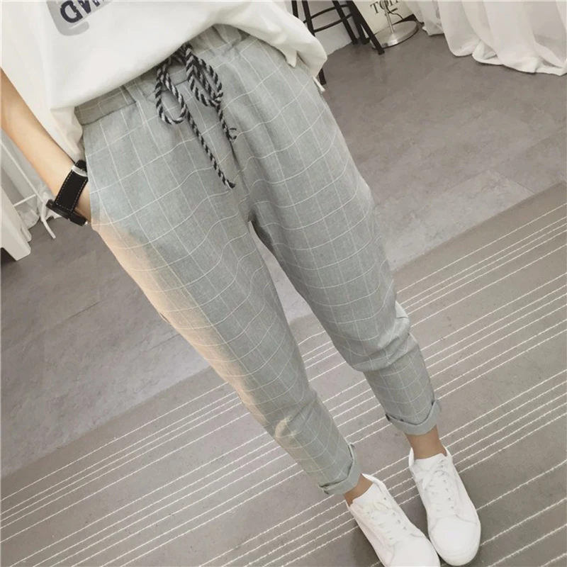 Spodnie dla kobiet 2020 nowy letni dorywczo luźne szarawary Cotton Linen Plaid Capris siatka wiosna literackie spodnie Sarouel Femme