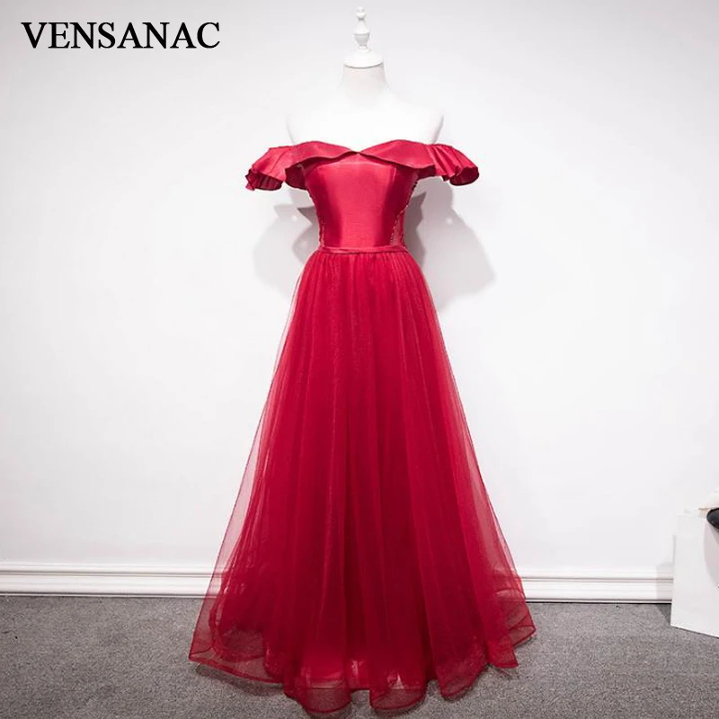 

VENSANAC 2018 Boat Neck Ruffles Short Sleeve Sash A Line Long Evening Dresses Party Beading Lace Backless Prom Gowns