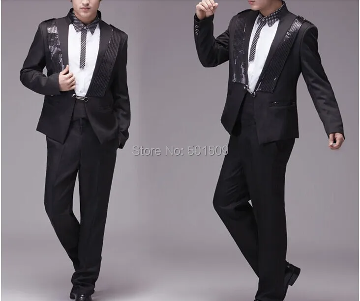 

Free shipping mens black/white sequins tuxedo jacket and pants suits set costume stage performance/event suit