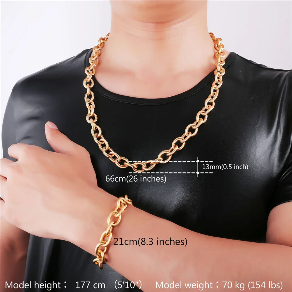 U7 Chunky Big Cable Chain Necklace Bracelet Set For Woman Men Stainless Steel Gold Color Jewelry Sets Trendy S831