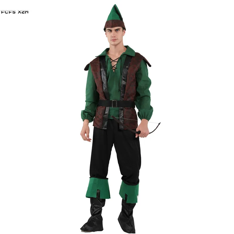 Men Halloween Robin Hood Costumes Peasant Farmer Cosplay Hunter Archer Role Play Carnival Purim Parade Masquerade Party Dress