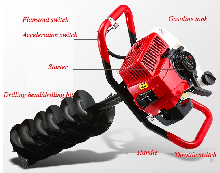 71CC Gasoline Earth Auger Drilling Head High Power Two Stroke Gasoline Hole Drilling Machine