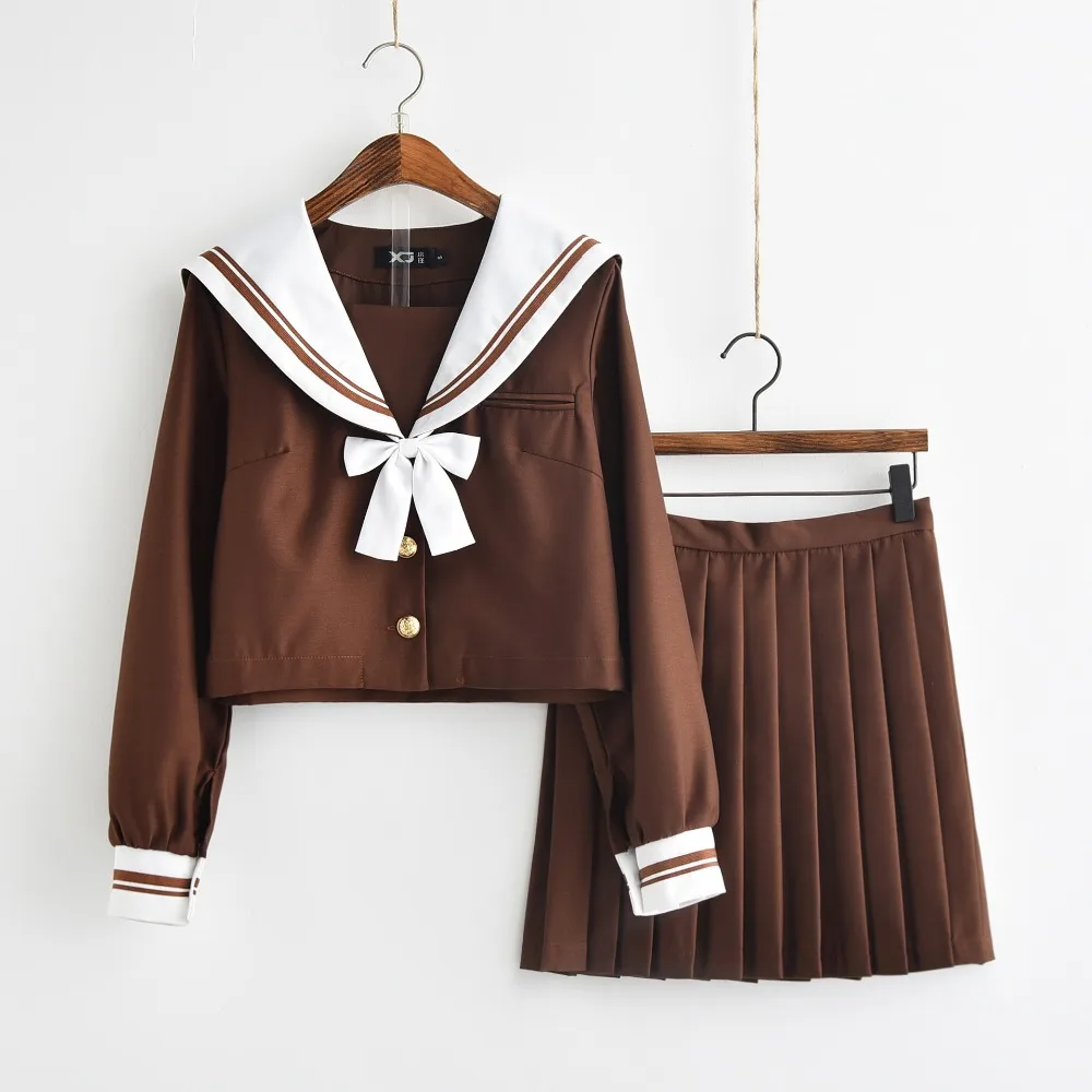 Marrom Café Japonês/Coreano Terno de Marinheiro Cosplay Trajes Escolares Uniformes Manga Comprida JK Estudante Roupas Top + Saias + laço-gravata