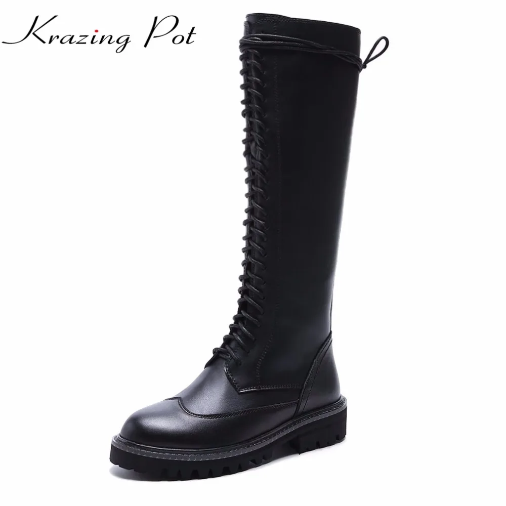 

Krazing Pot Cow Leather Round Toe Med Heels Riding Boots Punk Lace Up Riding Boots Keep Warm Leisure Black Thigh High Boots